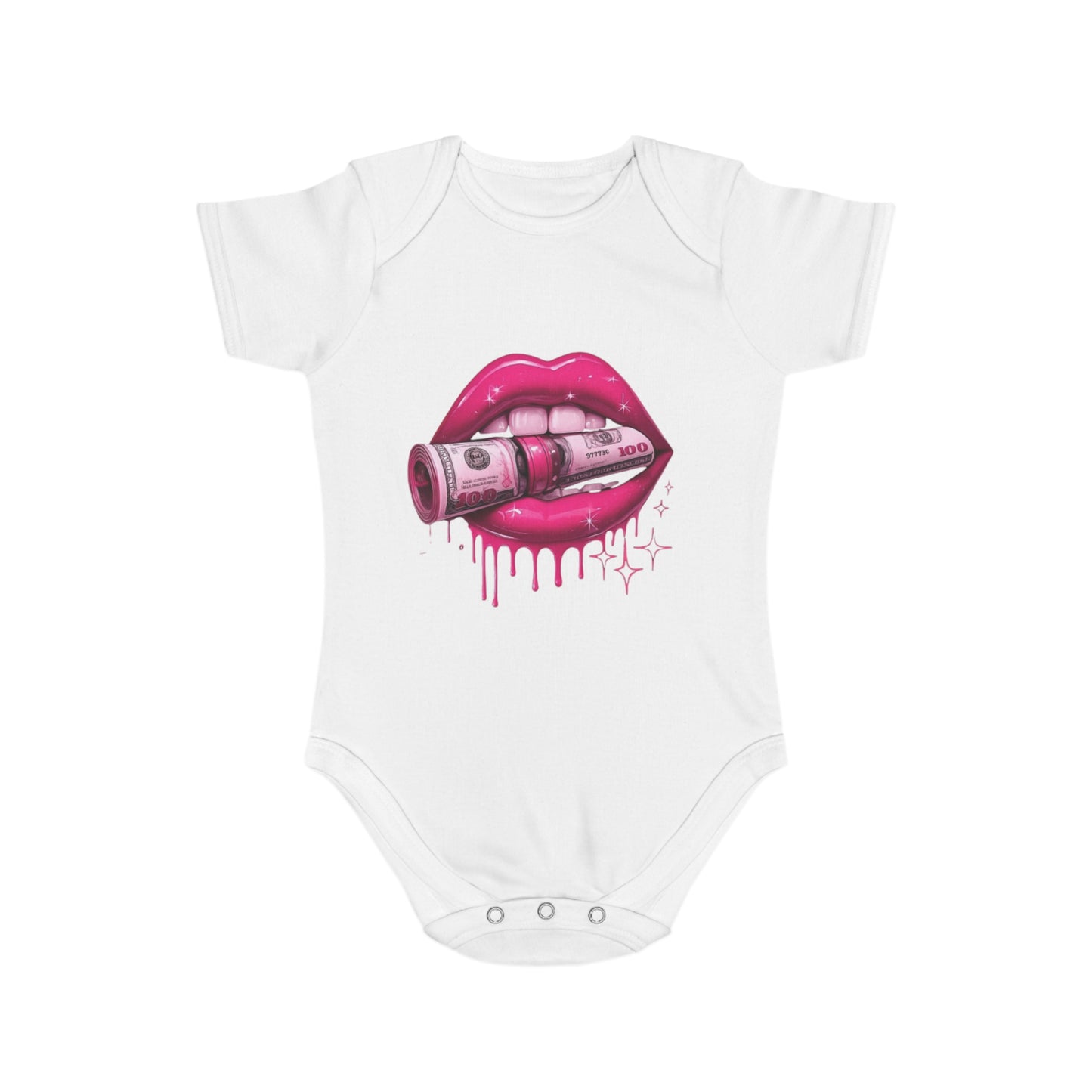 Cute Money Kiss Short Sleeve Baby Bodysuit – Trendy Baby Outfit for Fashionable Infants