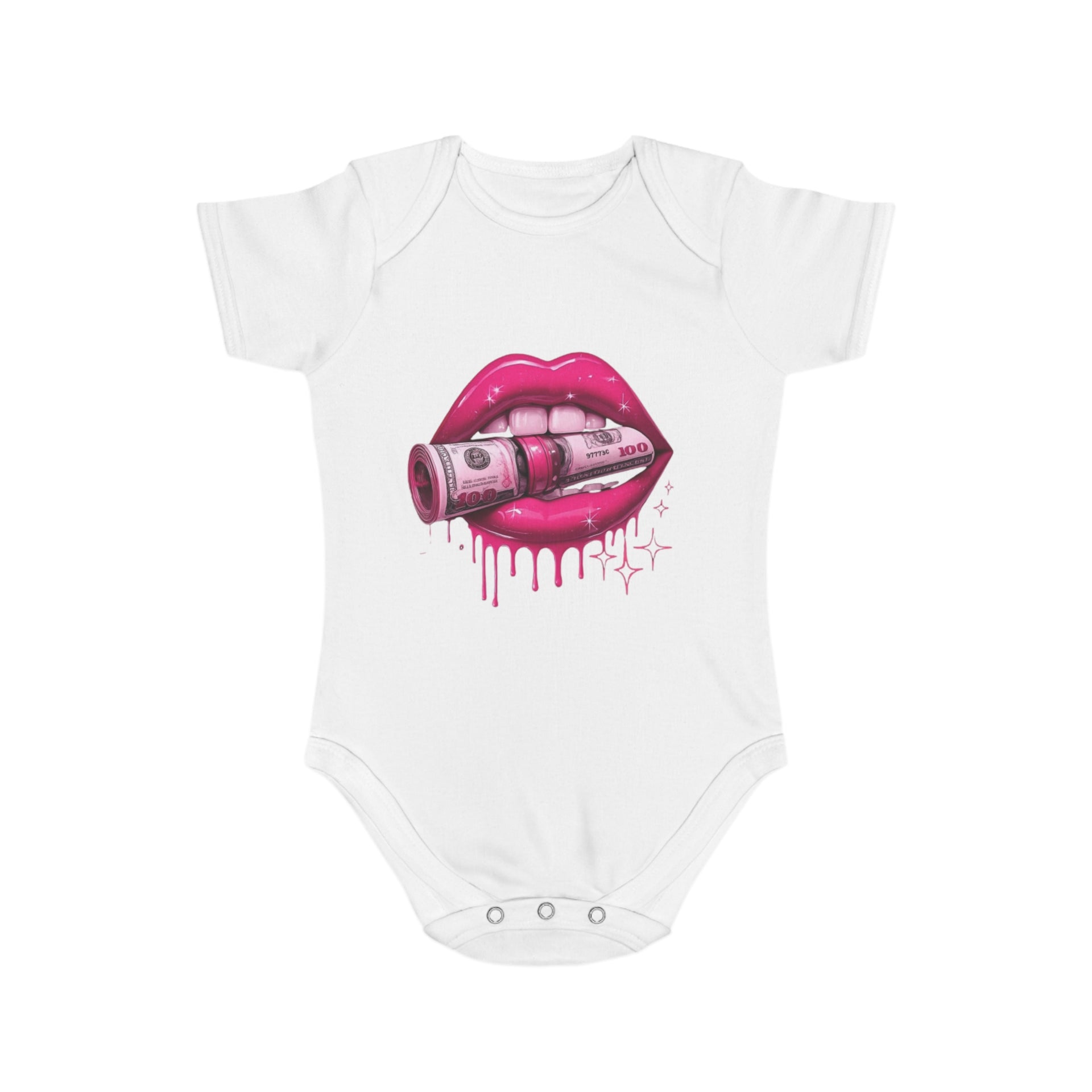 Cute Money Kiss Short Sleeve Baby Bodysuit – Trendy Baby Outfit for Fashionable Infants