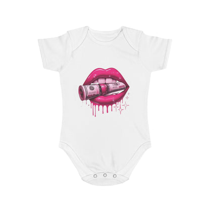 Cute Money Kiss Short Sleeve Baby Bodysuit – Trendy Baby Outfit for Fashionable Infants