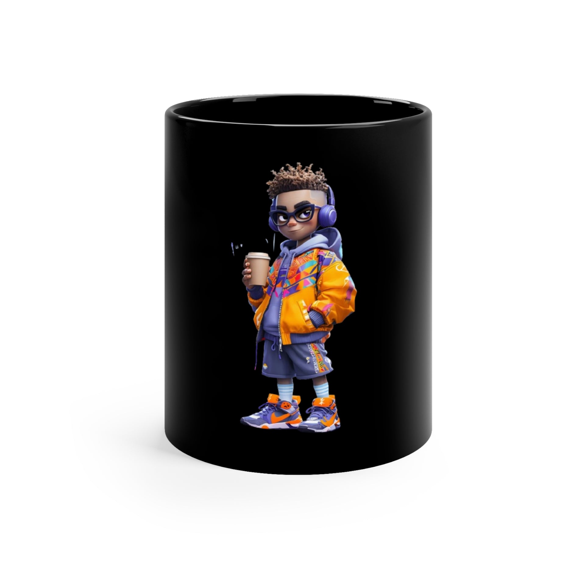 Trendy Black Coffee Mug with Cool Character Design - 11oz