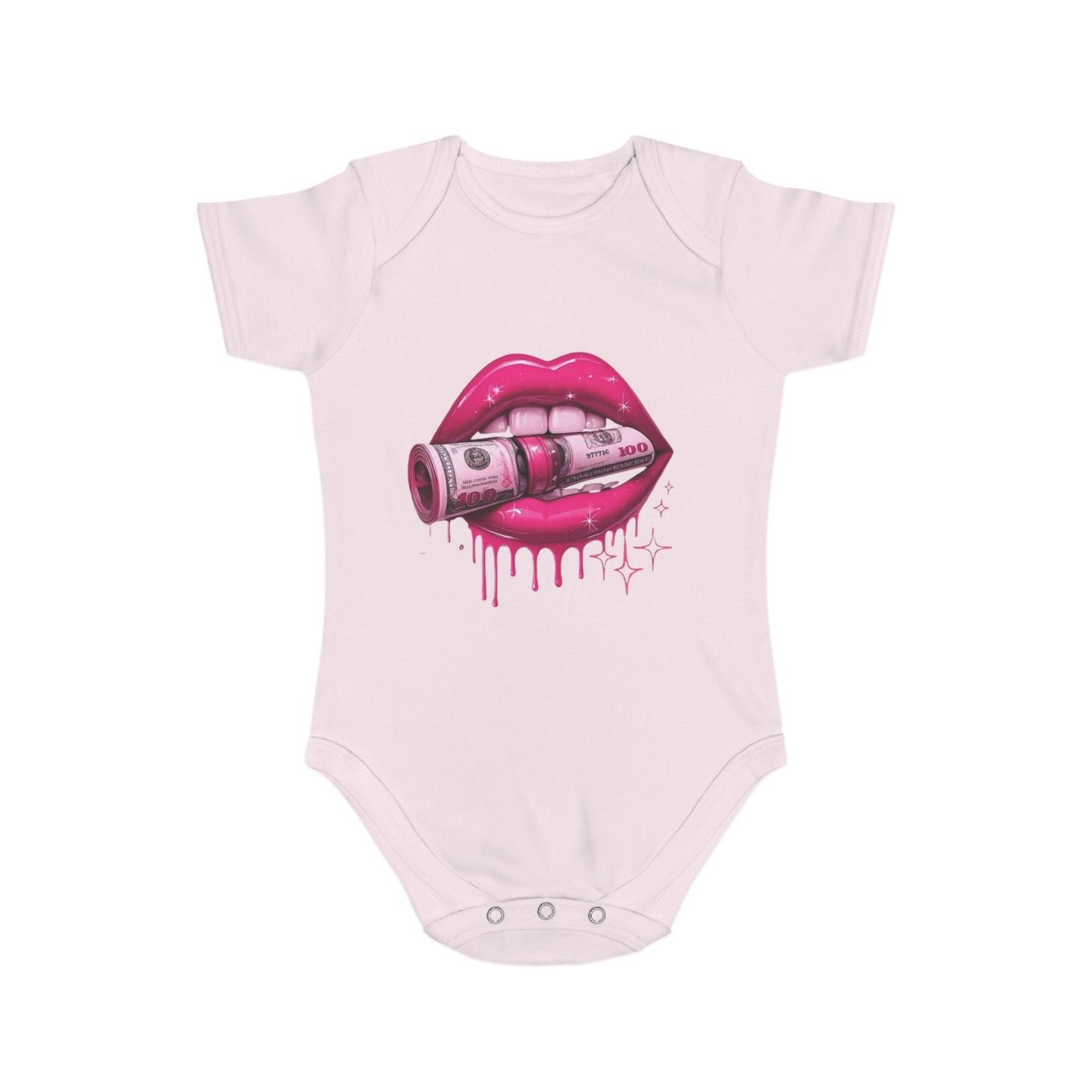 Cute Money Kiss Short Sleeve Baby Bodysuit – Trendy Baby Outfit for Fashionable Infants