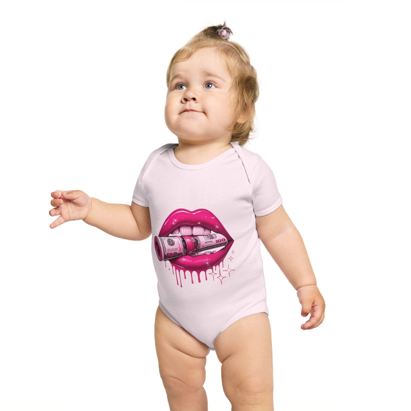 Cute Money Kiss Short Sleeve Baby Bodysuit – Trendy Baby Outfit for Fashionable Infants