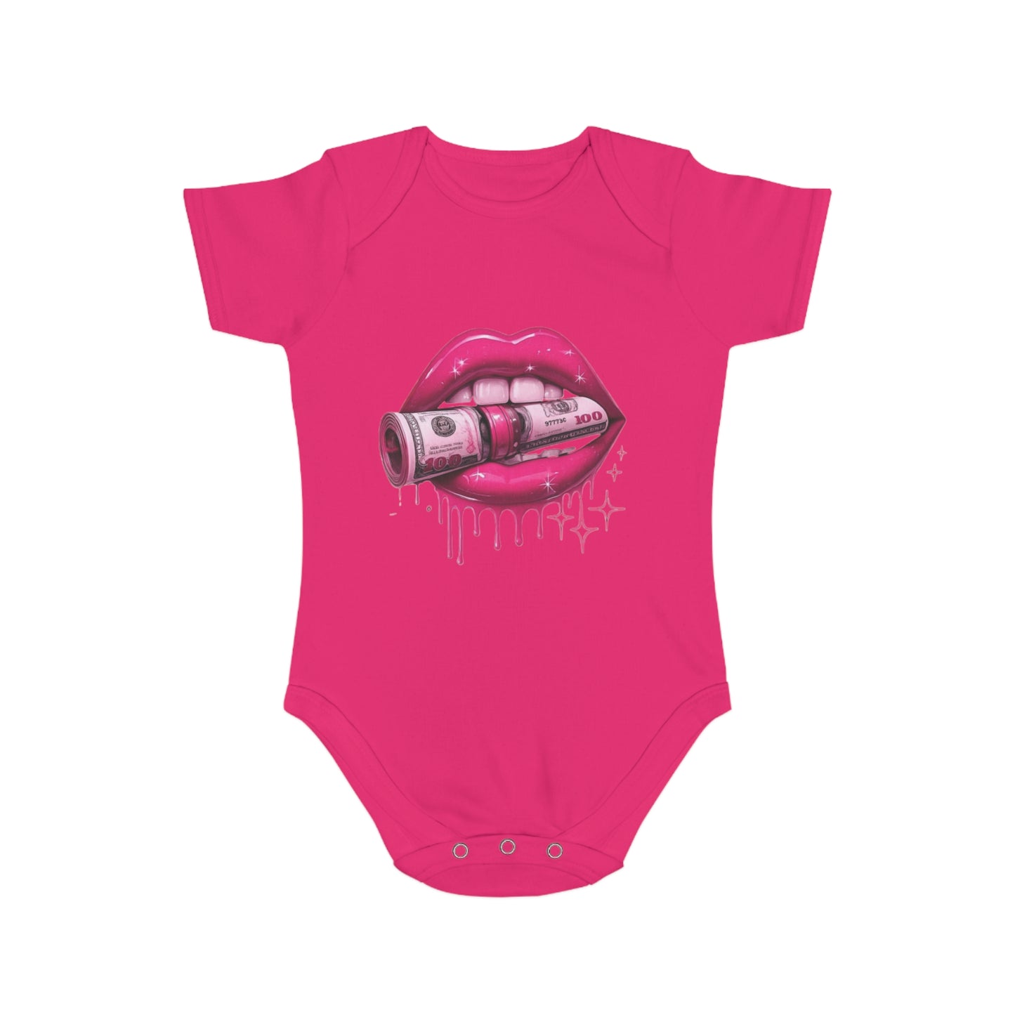 Cute Money Kiss Short Sleeve Baby Bodysuit – Trendy Baby Outfit for Fashionable Infants