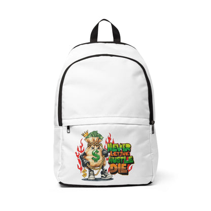 "Never Let the Hustle Die" Unisex Fabric Backpack – Motivational School & Travel Bag