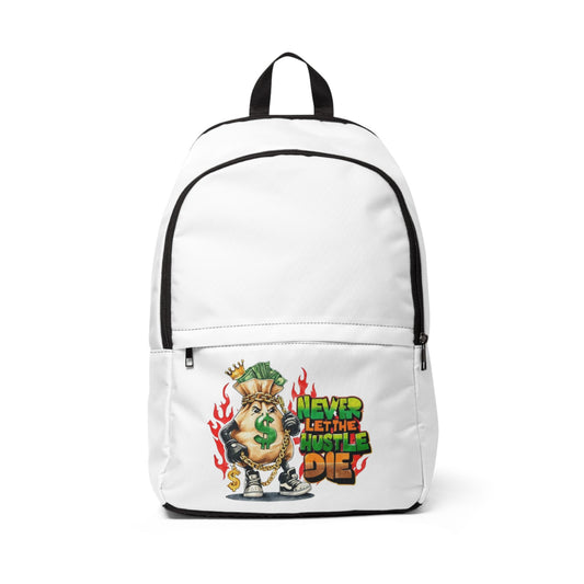 "Never Let the Hustle Die" Unisex Fabric Backpack – Motivational School & Travel Bag